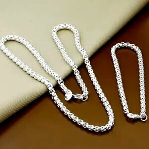 925 Silver Necklace & Bracelet Set 4mm Round Box Chain Valentine Birthday Gift
